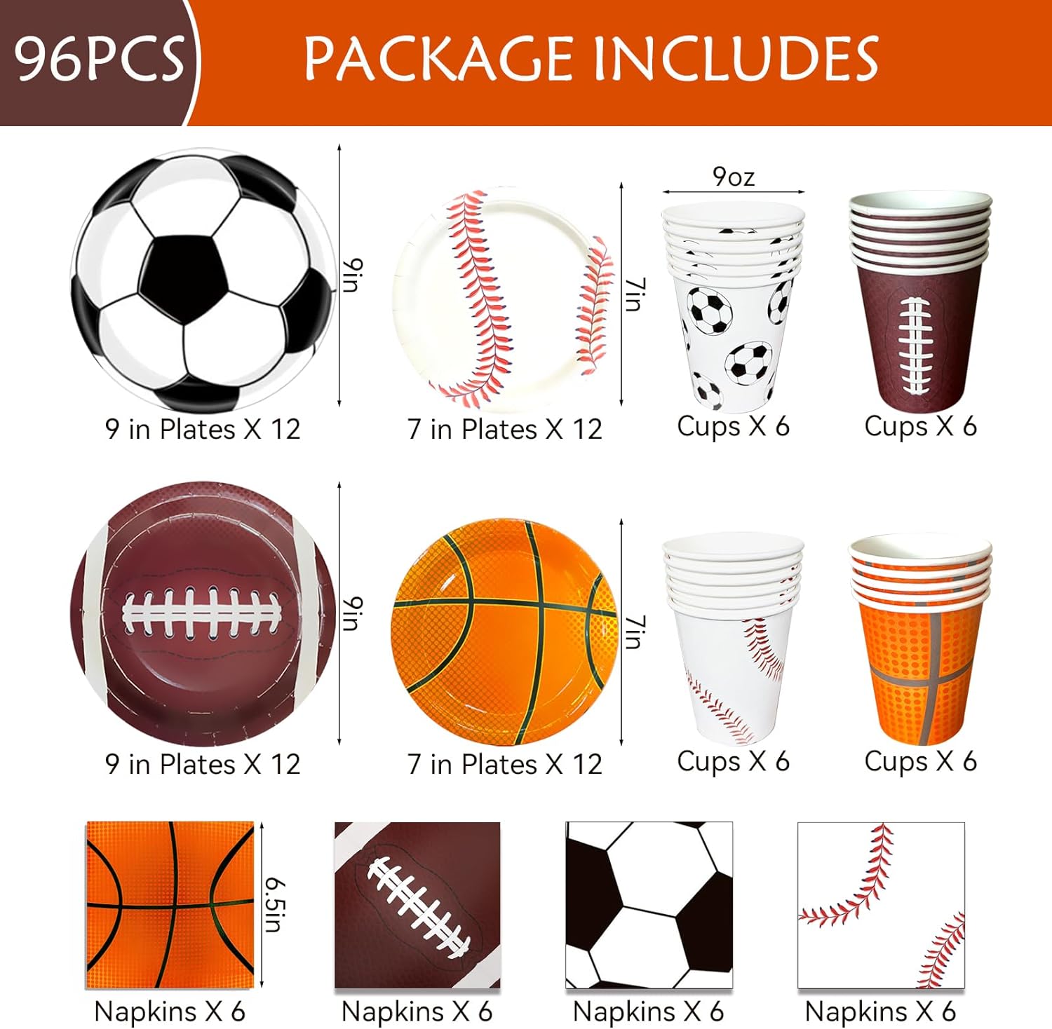 Sports Birthday Party Decorations, Sports Theme Party Supplies, Include Plates, Cups, Napkins, Soccer Basketball Baseball Football Theme Dinnerware (Serve 24) - Image 2