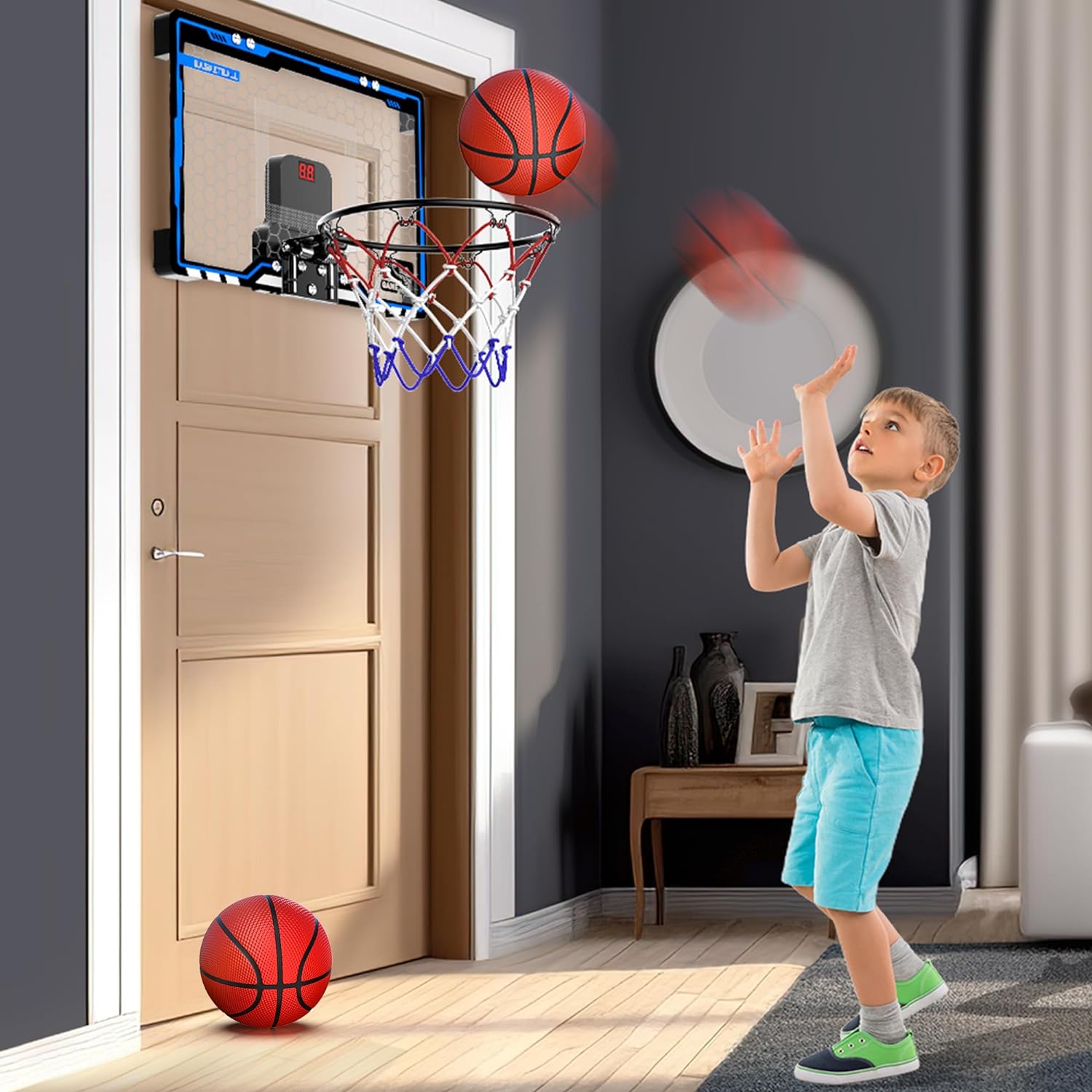 HopeRock Indoor Mini Basketball Hoop for Kids, Basketball Hoops Over The Door with LED Lighting, Mini Hoop with Scoreboard & 3 Balls, Basketball Toys Gifts for 5 6 7 8 9 10 11 12 Year Old Boys Girls - Image 5