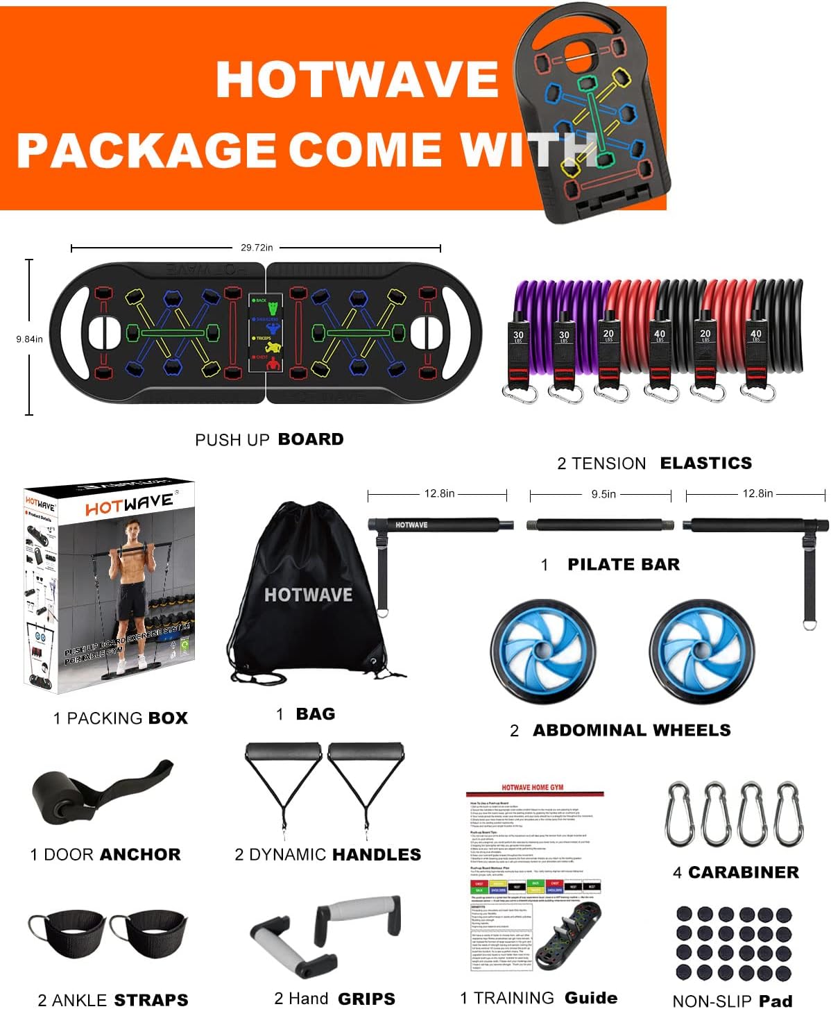 HOTWAVE Portable Exercise Equipment with 16 Gym Accessories.20 in 1 Push Up Board Fitness,Resistance Bands with Ab Roller Wheel,Home Workout for Men - Image 6