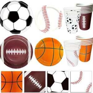 Sports Birthday Party Decorations, Sports Theme Party Supplies, Include Plates, Cups, Napkins, Soccer Basketball Baseball Football Theme Dinnerware (Serve 24)