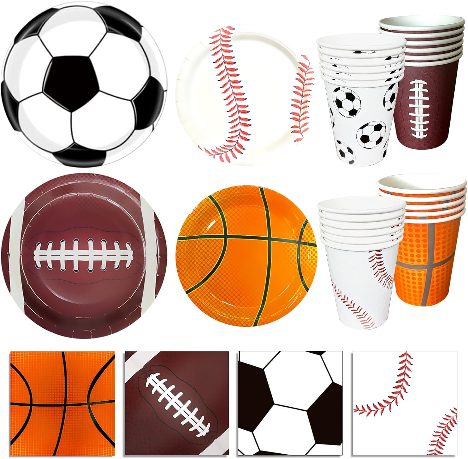 Sports Birthday Party Decorations, Sports Theme Party Supplies, Include Plates, Cups, Napkins, Soccer Basketball Baseball Football Theme Dinnerware (Serve 24)