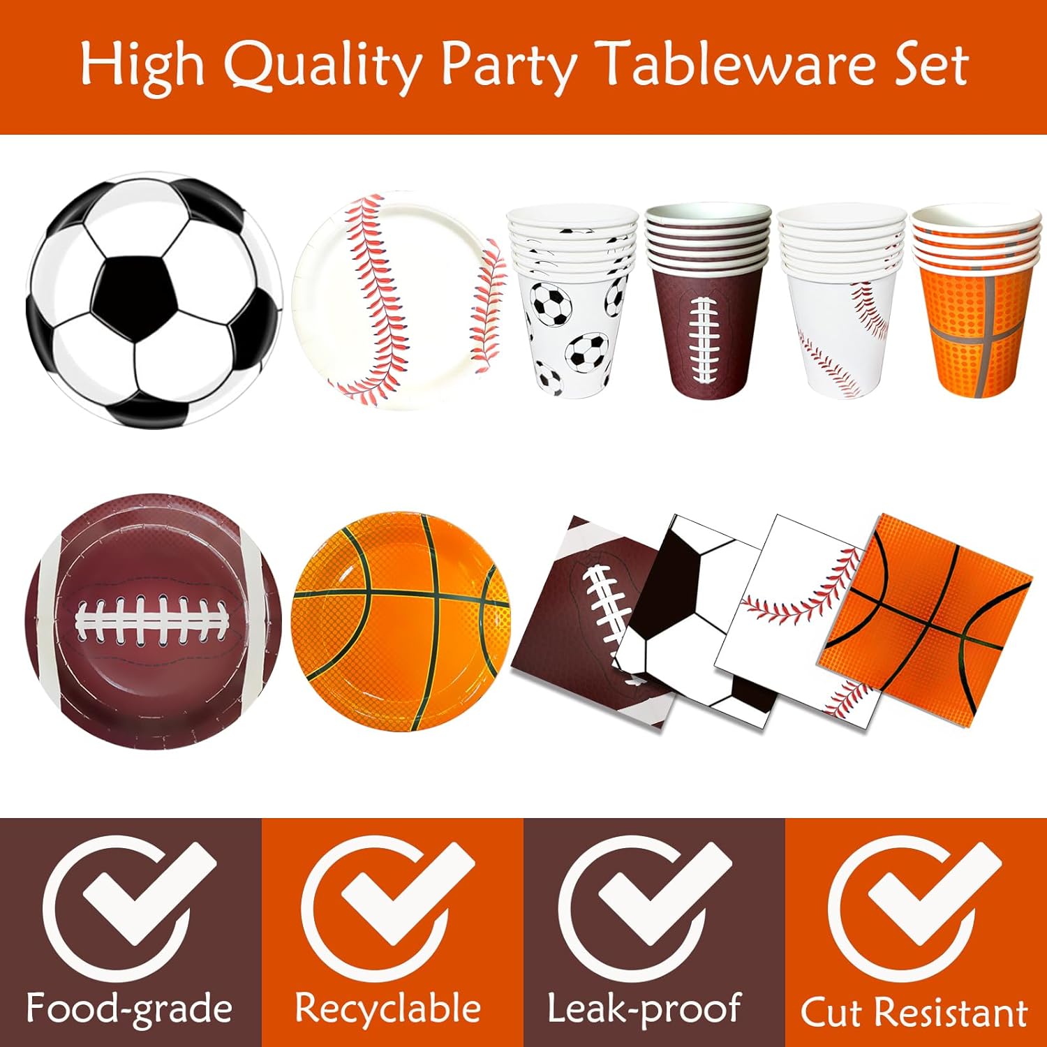 Sports Birthday Party Decorations, Sports Theme Party Supplies, Include Plates, Cups, Napkins, Soccer Basketball Baseball Football Theme Dinnerware (Serve 24) - Image 3