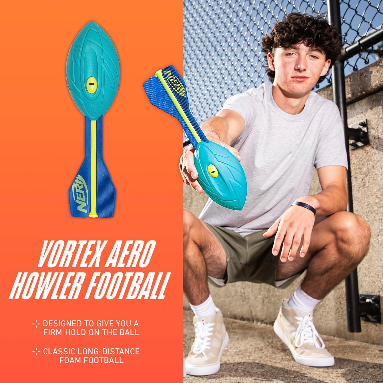 NERF Neon Vortex Aero Howler Foam Football - NERF Soft Vortex Football for Long-Distance Throws - Perfect for Pool + Beach Football - Kids Aero Howler Whistle Vortex Foam Ball - Neon - Image 2