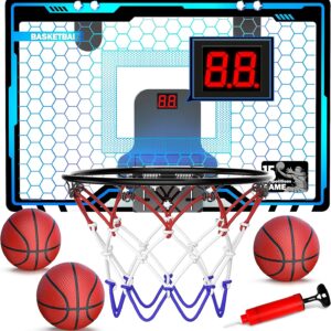 HopeRock Indoor Mini Basketball Hoop for Kids, Basketball Hoops Over The Door with LED Lighting, Mini Hoop with Scoreboard & 3 Balls, Basketball Toys Gifts for 5 6 7 8 9 10 11 12 Year Old Boys Girls