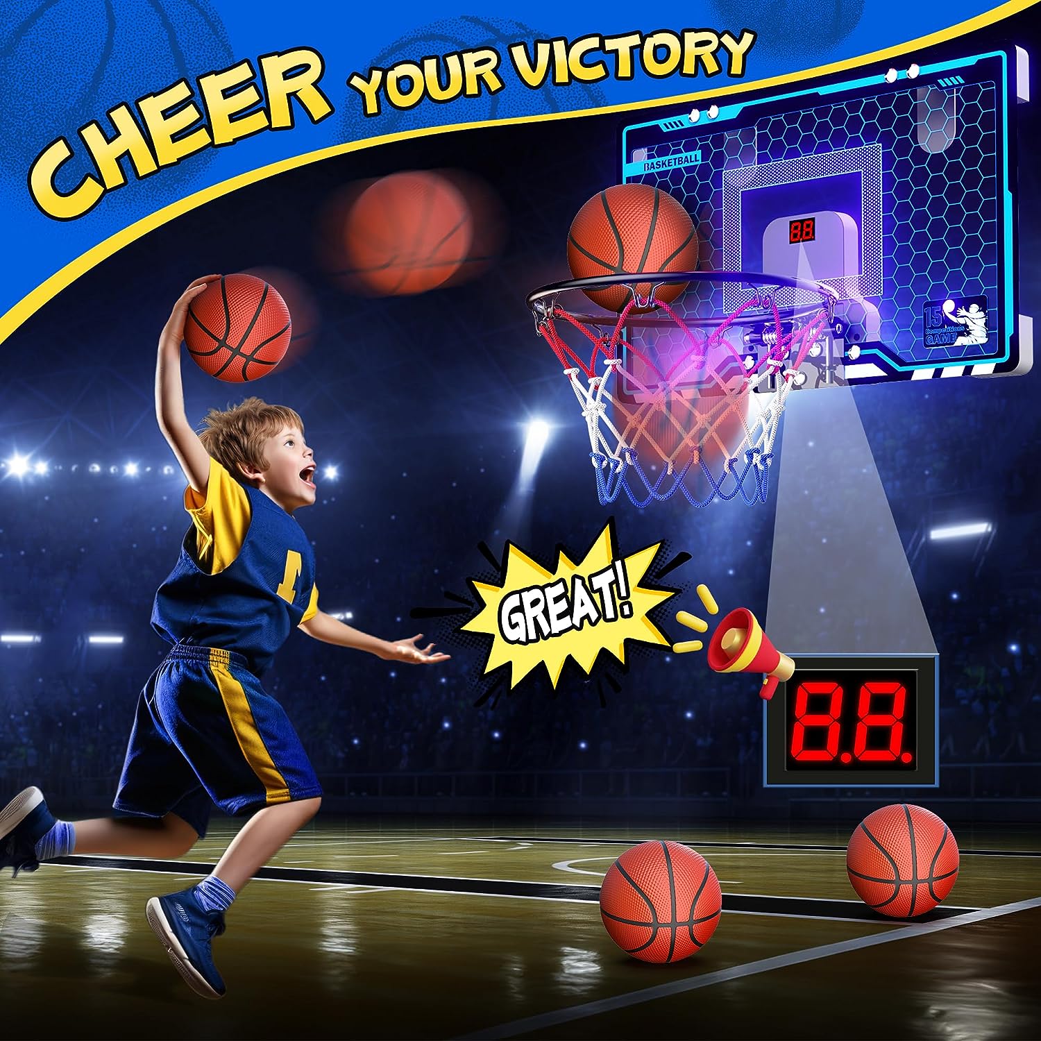 HopeRock Indoor Mini Basketball Hoop for Kids, Basketball Hoops Over The Door with LED Lighting, Mini Hoop with Scoreboard & 3 Balls, Basketball Toys Gifts for 5 6 7 8 9 10 11 12 Year Old Boys Girls - Image 2