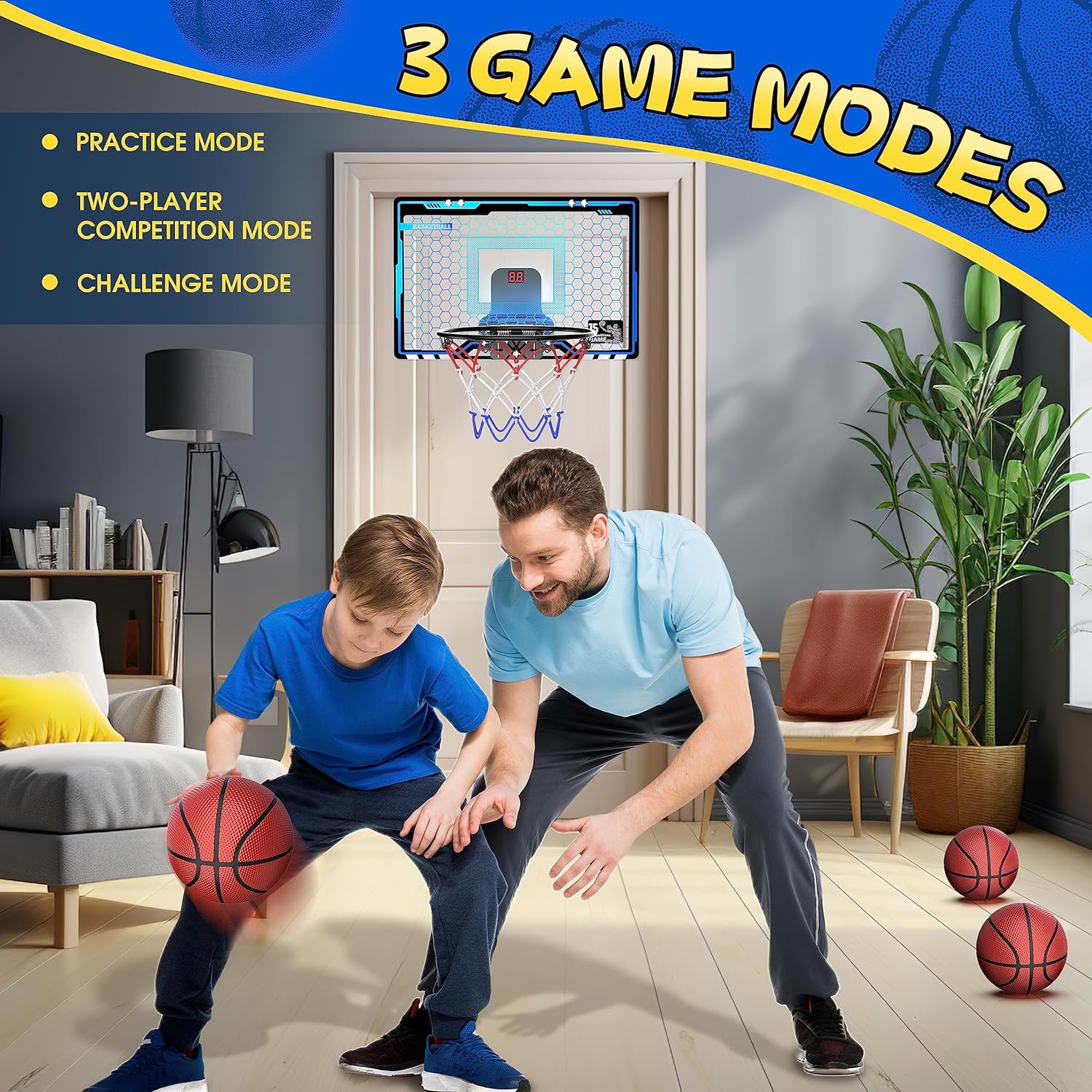 HopeRock Indoor Mini Basketball Hoop for Kids, Basketball Hoops Over The Door with LED Lighting, Mini Hoop with Scoreboard & 3 Balls, Basketball Toys Gifts for 5 6 7 8 9 10 11 12 Year Old Boys Girls - Image 3
