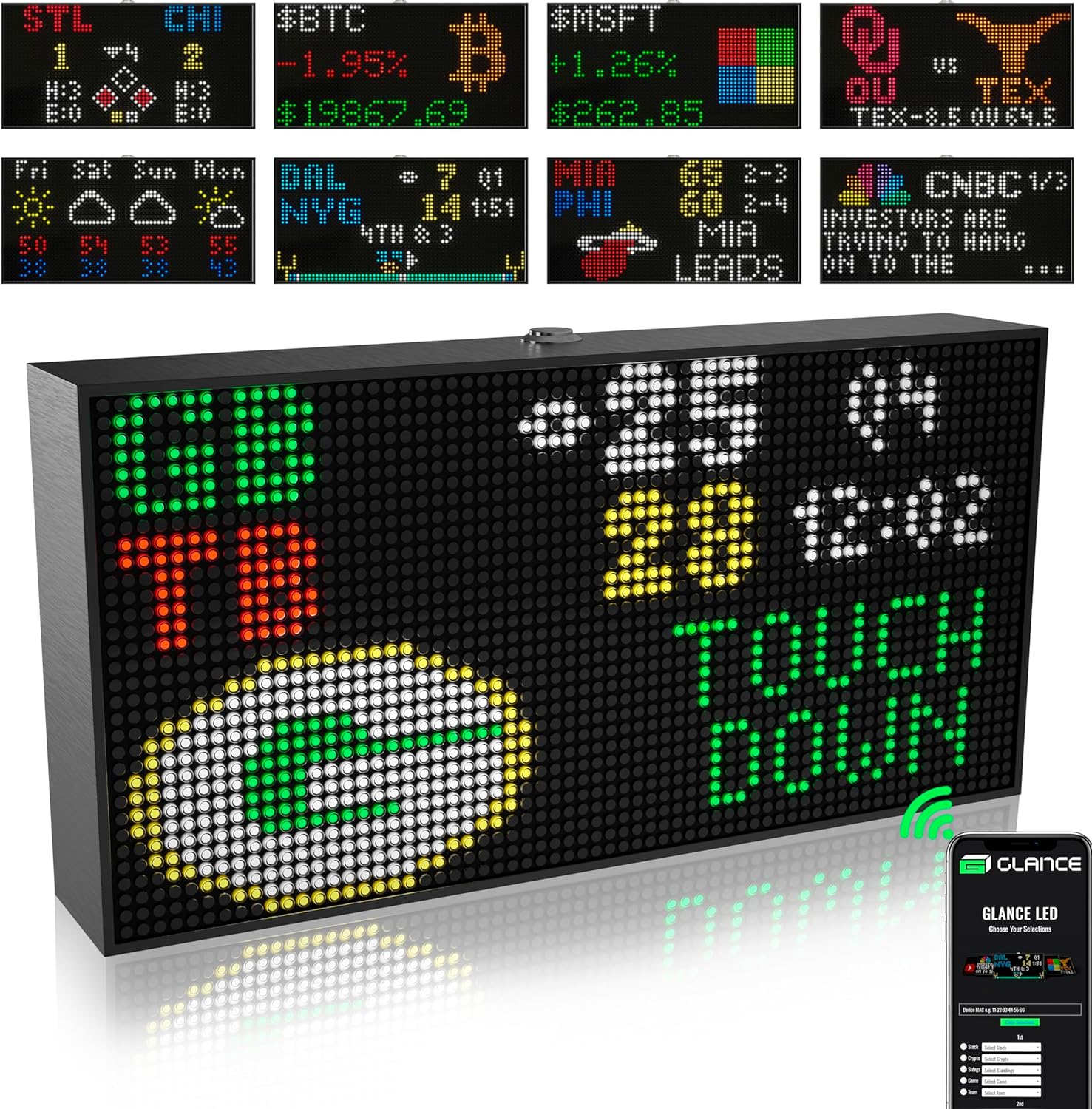 PANELFI Glance LED – Customizable LED Ticker, Sport & Stock Ticker, Retro Display, Smart Clock, Weather, News, Trivia, Custom Messaging. WiFi Enabled.